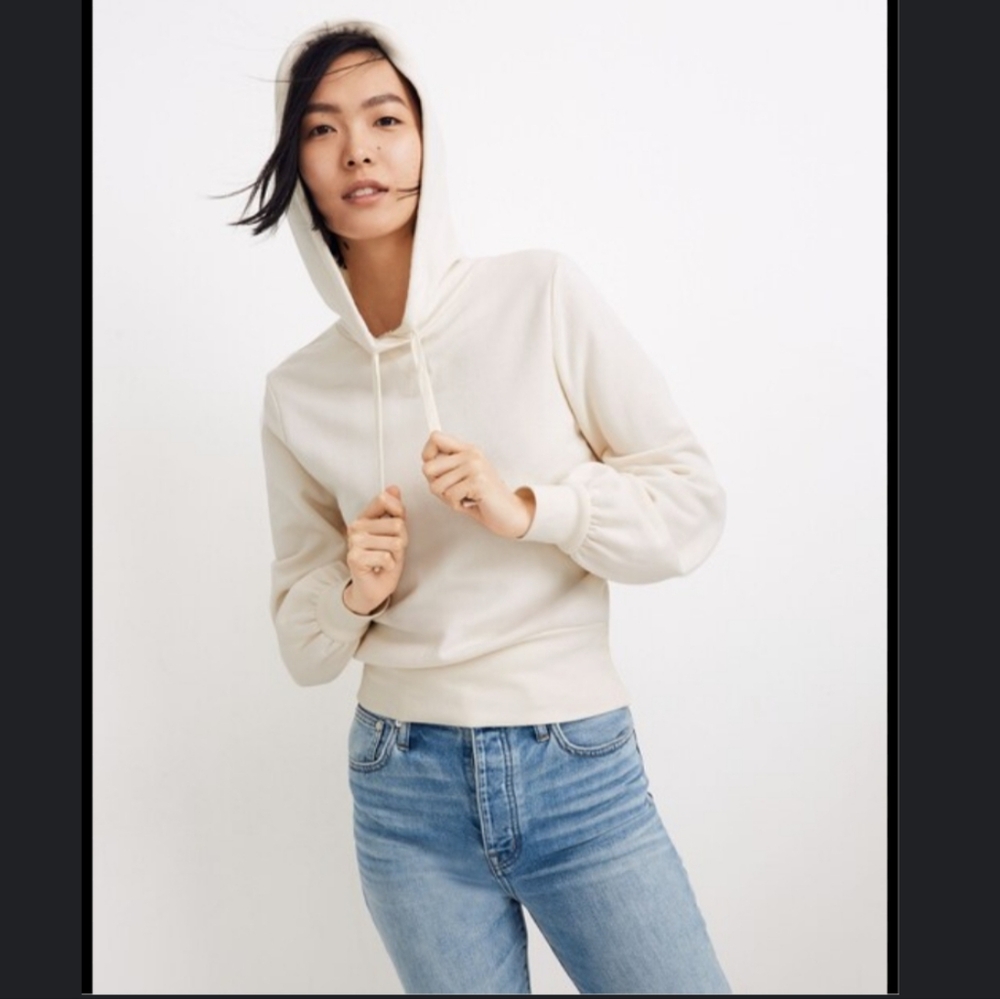 Madewell Bubble Sleeve Pullover Crop Hoodie Sweatshirt sz L cream